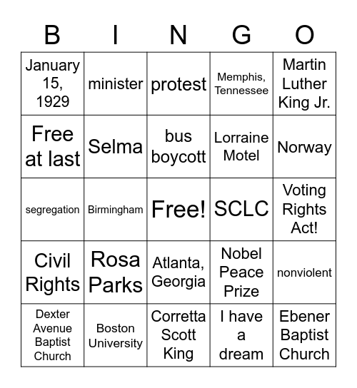 Civil Rights Bingo Card