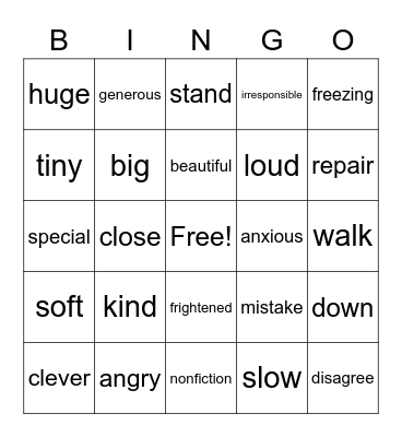 Vocabulary Bingo Card