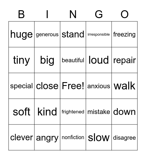 Vocabulary Bingo Card