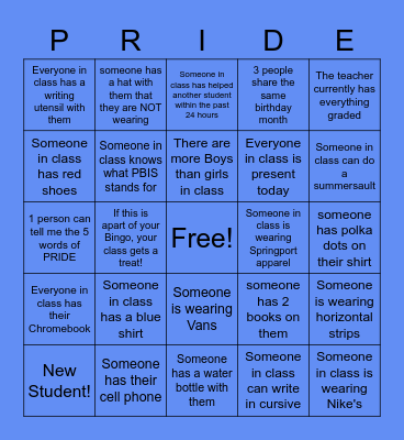 SMS PRIDE TIME Bingo Card