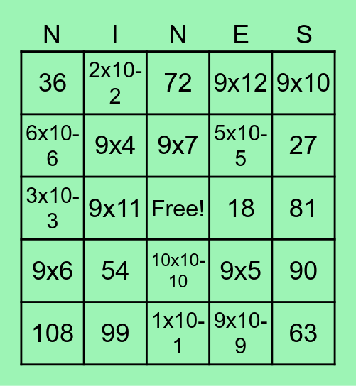 9x Tables Bingo Card