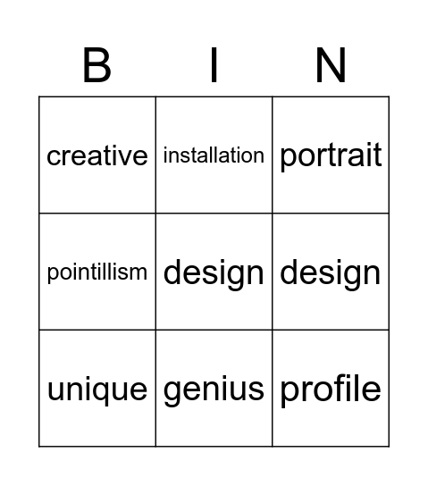 EI UNIT 6 Art Bingo Card