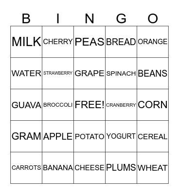 NUTRITION BINGO Card