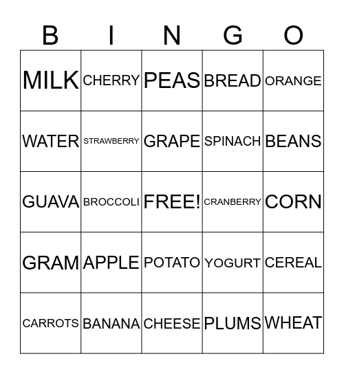 NUTRITION BINGO Card