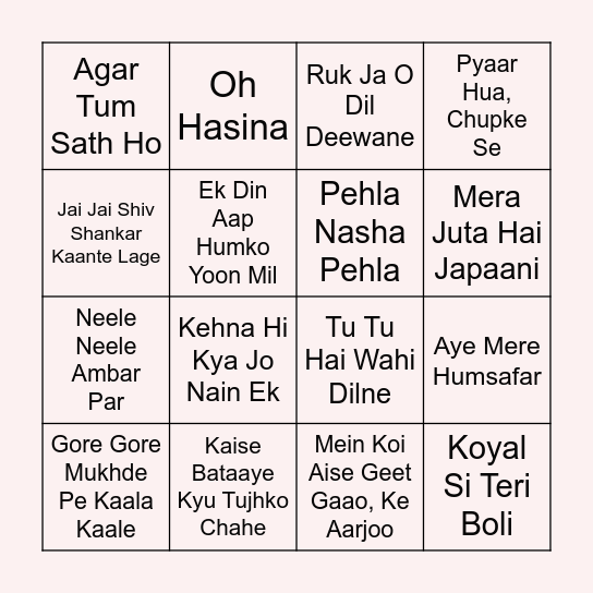 Megha's Fav Songs Bingo! Bingo Card