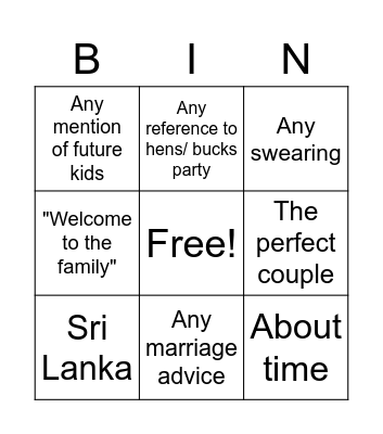 Wedding Speech Bingo Card