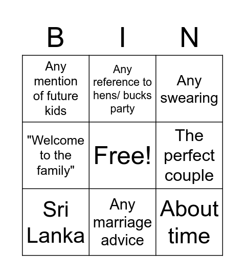 Wedding Speech Bingo Card