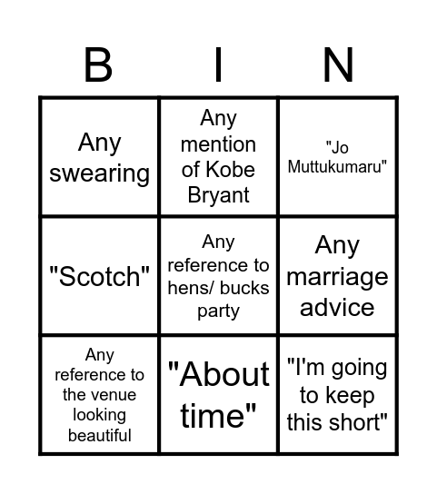Wedding Bingo Card