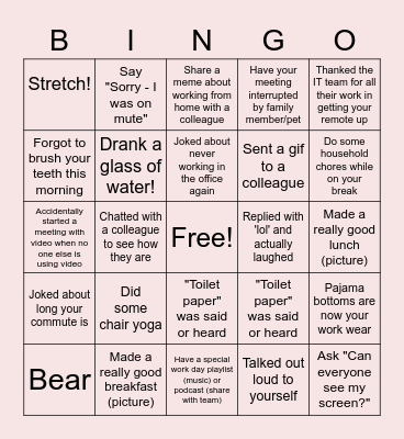 Remote Work Bingo Card