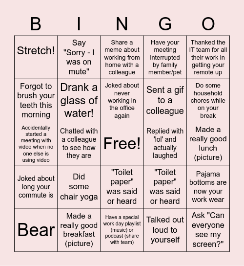 Remote Work Bingo Card