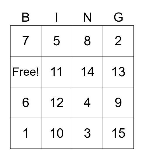 Addition (Up to 15) Bingo Card