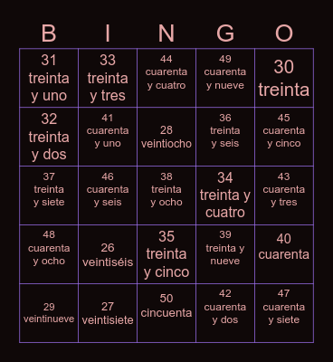 los números 25-50 Bingo Card