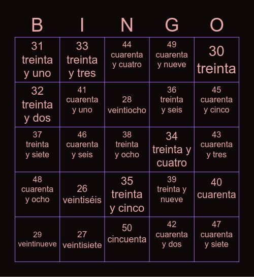 los números 25-50 Bingo Card
