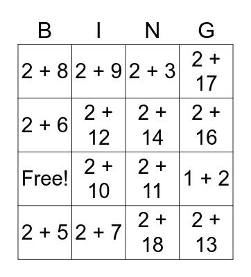 Addition bingo (+2) Bingo Card