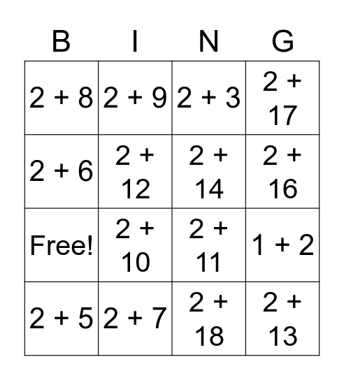 Addition bingo (+2) Bingo Card