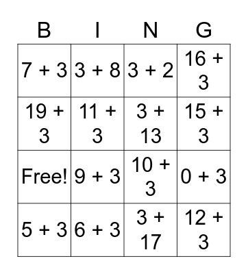 Addition Bingo (+3) Bingo Card