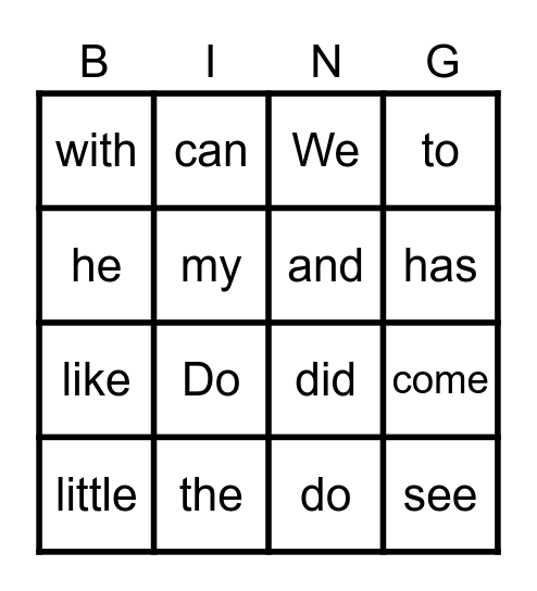 Sight Word Bingo Card