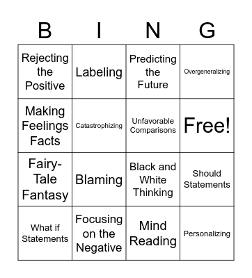 Autmatic Negative Thought Bingo Card