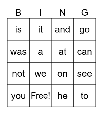 Sight Words Bingo Card