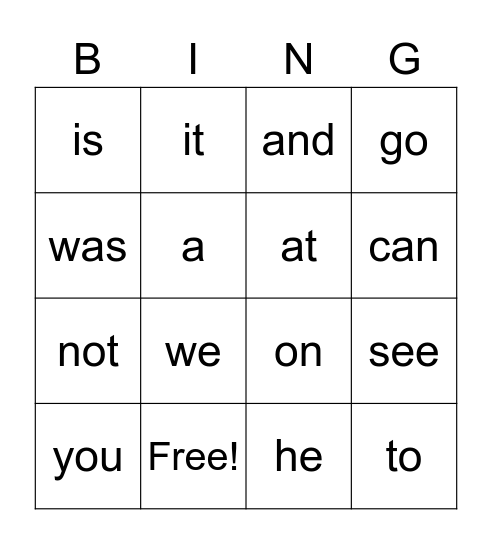 Sight Words Bingo Card