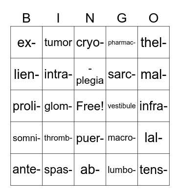 Lesson 11 Medical Terms Bingo Card