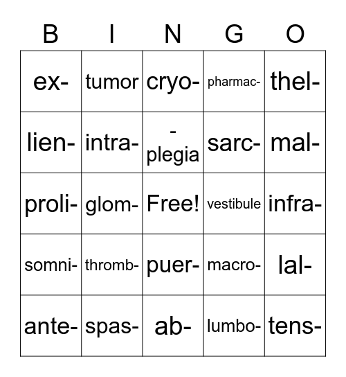 Lesson 11 Medical Terms Bingo Card