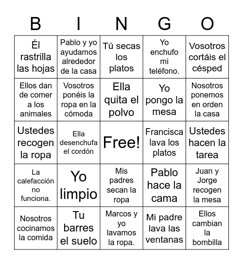 Los Quehaceres/Los Deberes Bingo Card