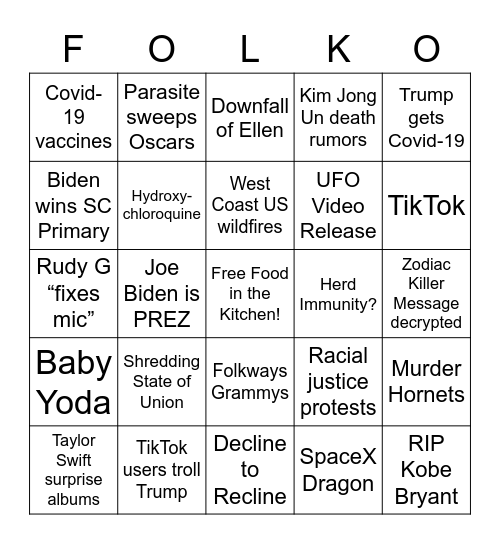 Folk 2020 FOLKO Bingo Card