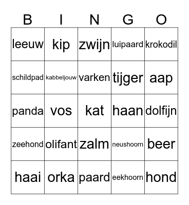 animal bingo Card