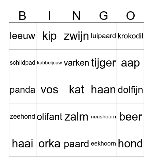 animal bingo Card
