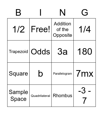 Like Terms, Polygon, and Proportions Bingo Card
