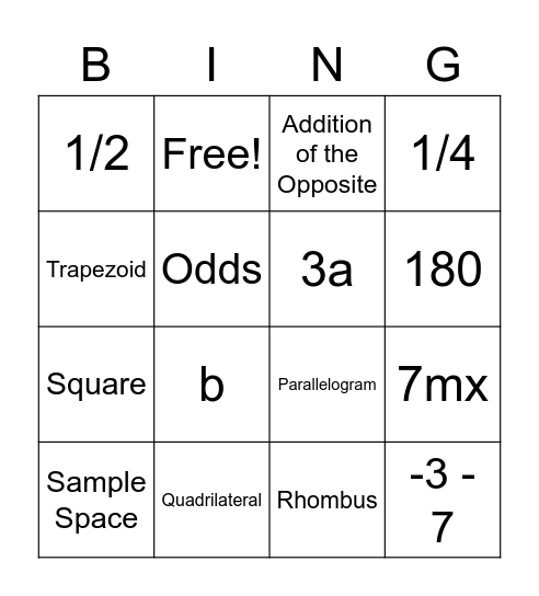 Like Terms, Polygon, and Proportions Bingo Card