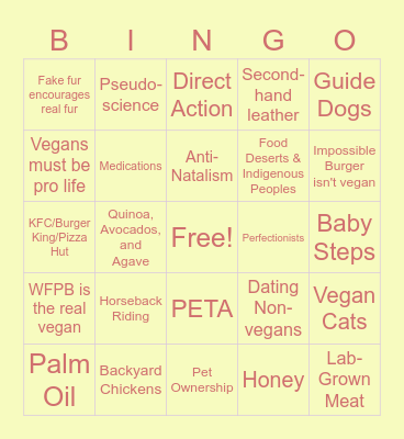 Vegan Infighting Topics Bingo Card