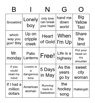 Canadian Music Bingo Card