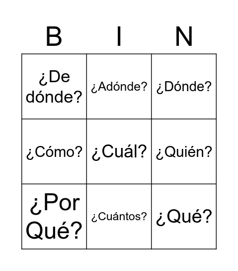 Interrogativas Bingo Card