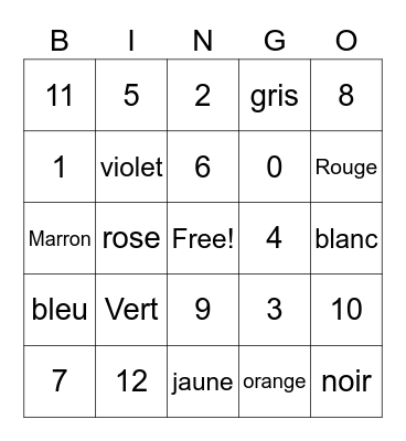 French Numbers and Colours Bingo Card