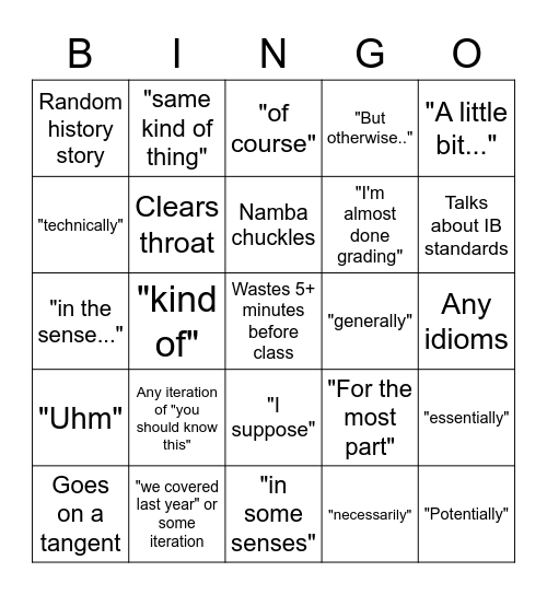 Namba Bingo Card