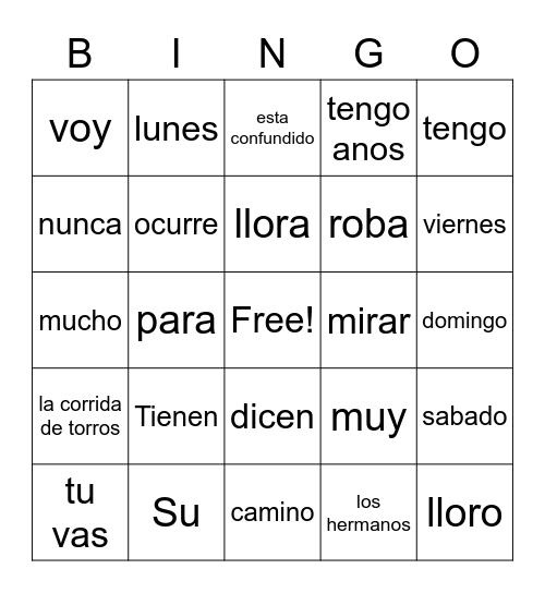 Spanish Bingo Card