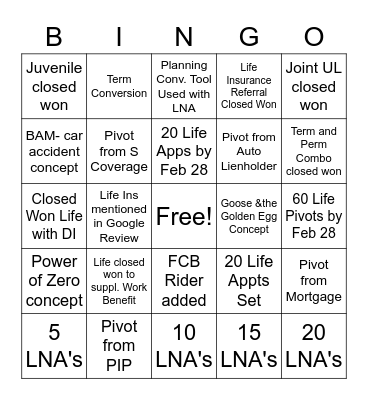 Fast Start Bingo 1/15 to 2/28 Bingo Card