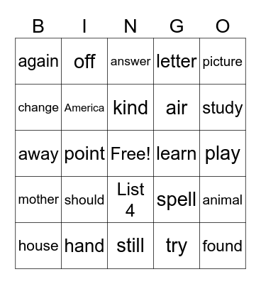 2nd 100 List 4 Bingo Card