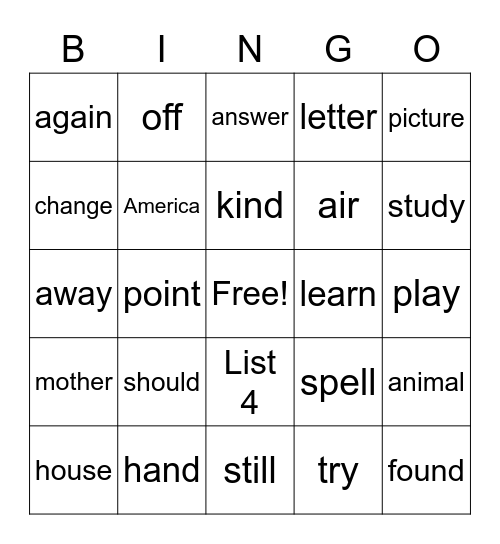 2nd 100 List 4 Bingo Card