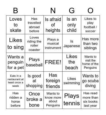 Getting To Know You. Bingo Card