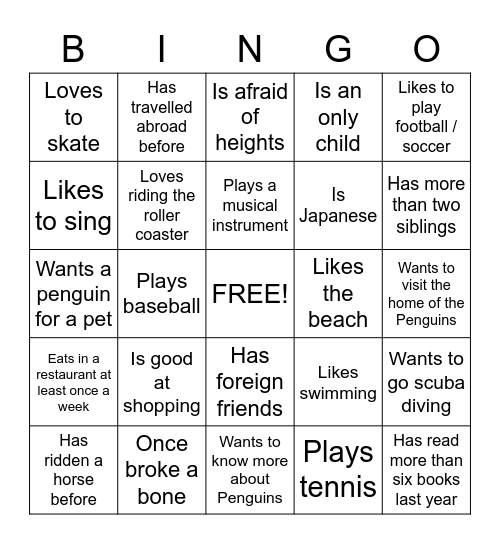 Getting To Know You. Bingo Card