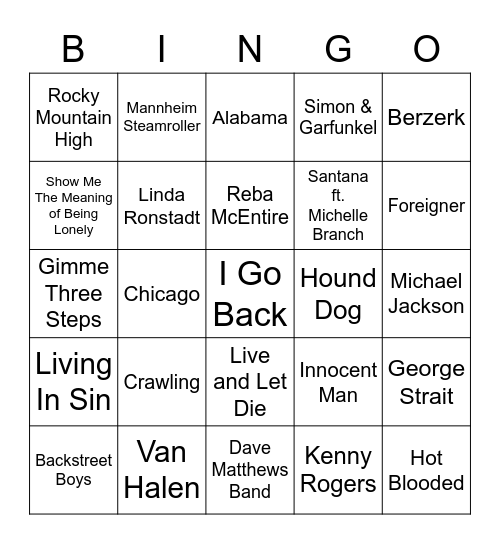 Best Selling American Artists Bingo Card