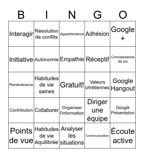 Chaque élève, enrichi et animé par son identité catholique et francophone, cheminera vers le développement   de son plein potentiel, en devenant une personne :  Bingo Card