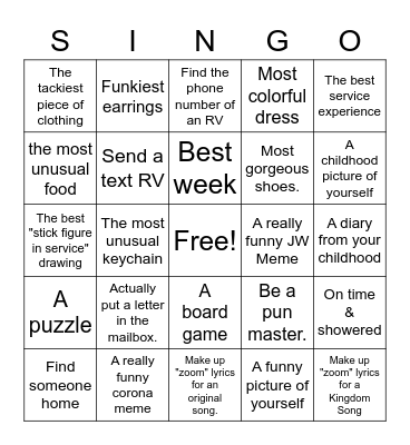 Sister Service Scavenger "Hunt" Bingo Card