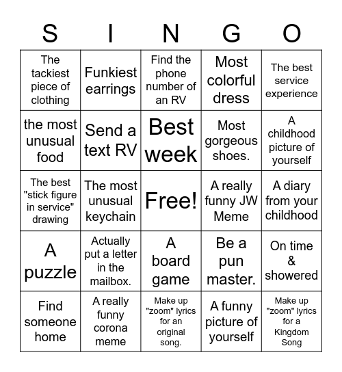 Sister Service Scavenger "Hunt" Bingo Card