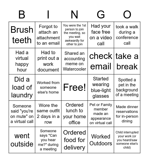 Work From Home Busy Season Bingo Card