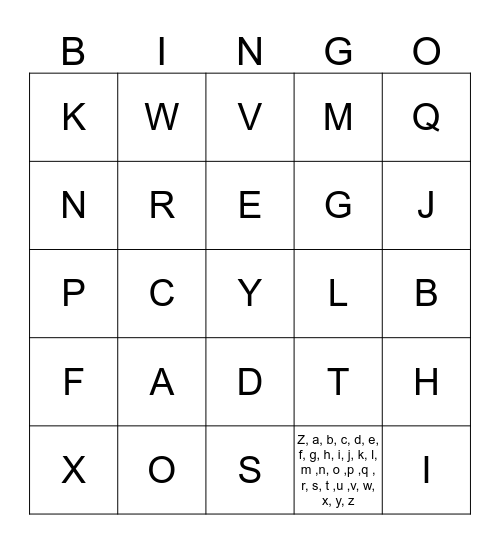 Upper Case Letter Bingo Card