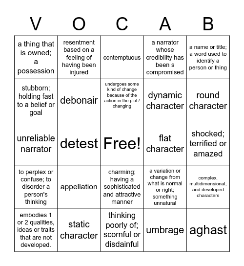 HonHum Vocab week 5 Bingo Card